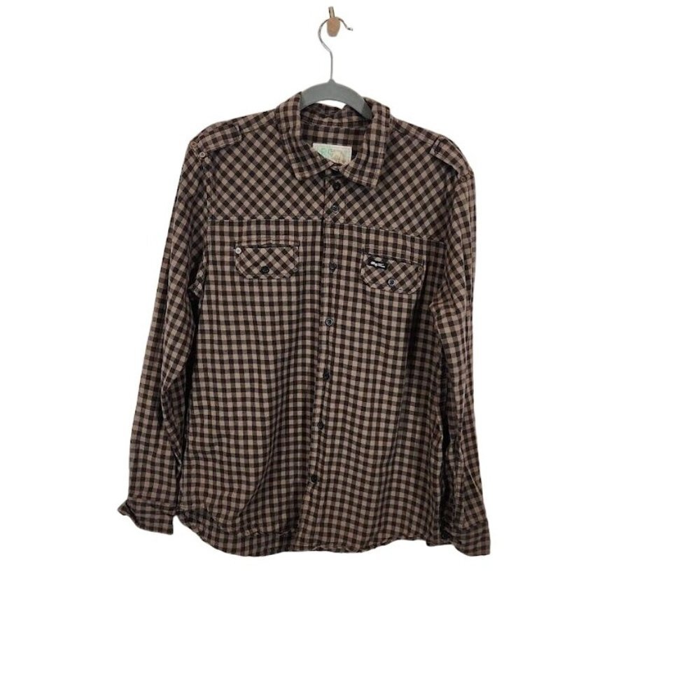 LRG Woven Men's‎ Gingham Check Button Down in Black and Tan - Size Medium